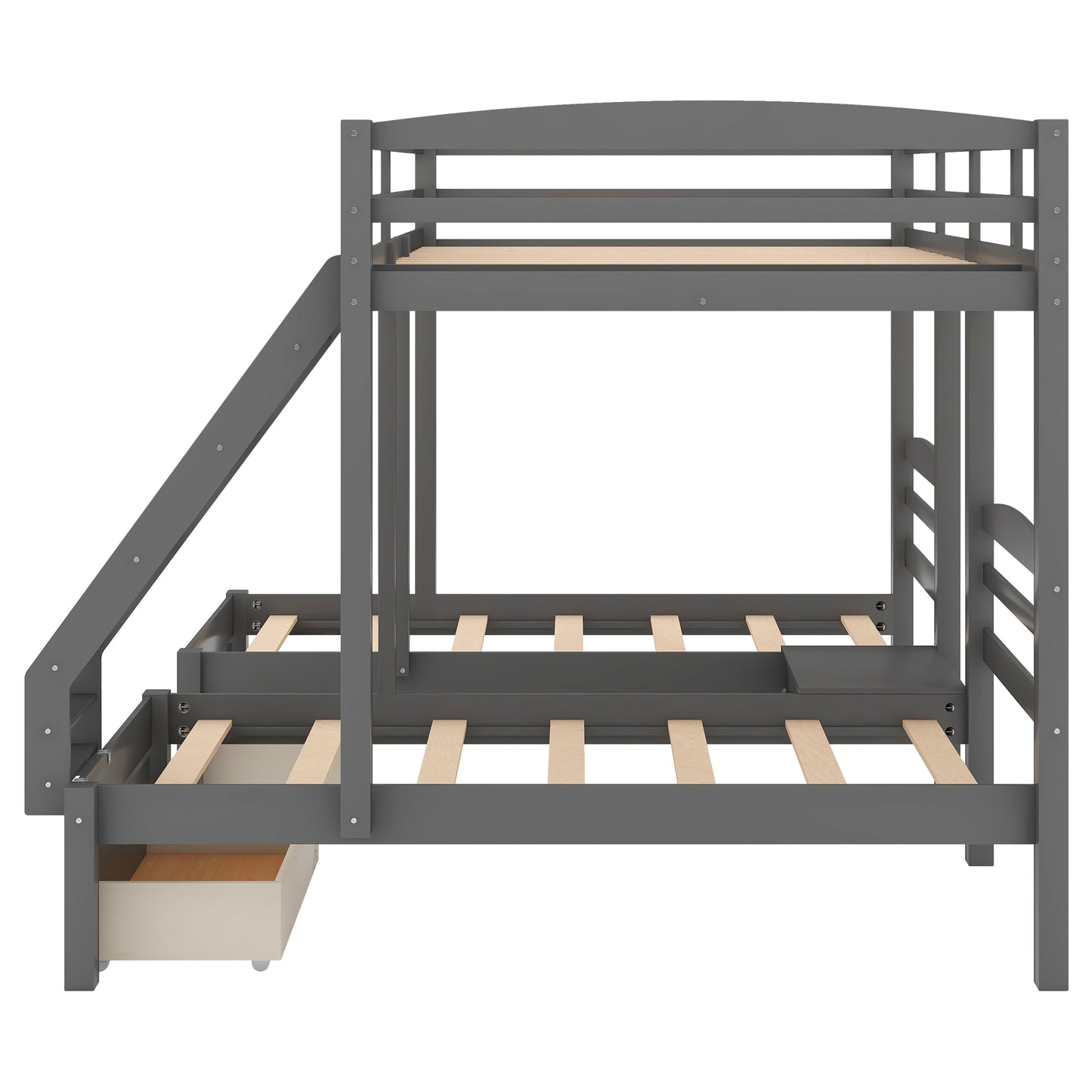 Full Over Twin Triple Bunk Bed with Storage Drawers – Gray Wood 3 Bed Bunk Bed for Kids, Teens & Families