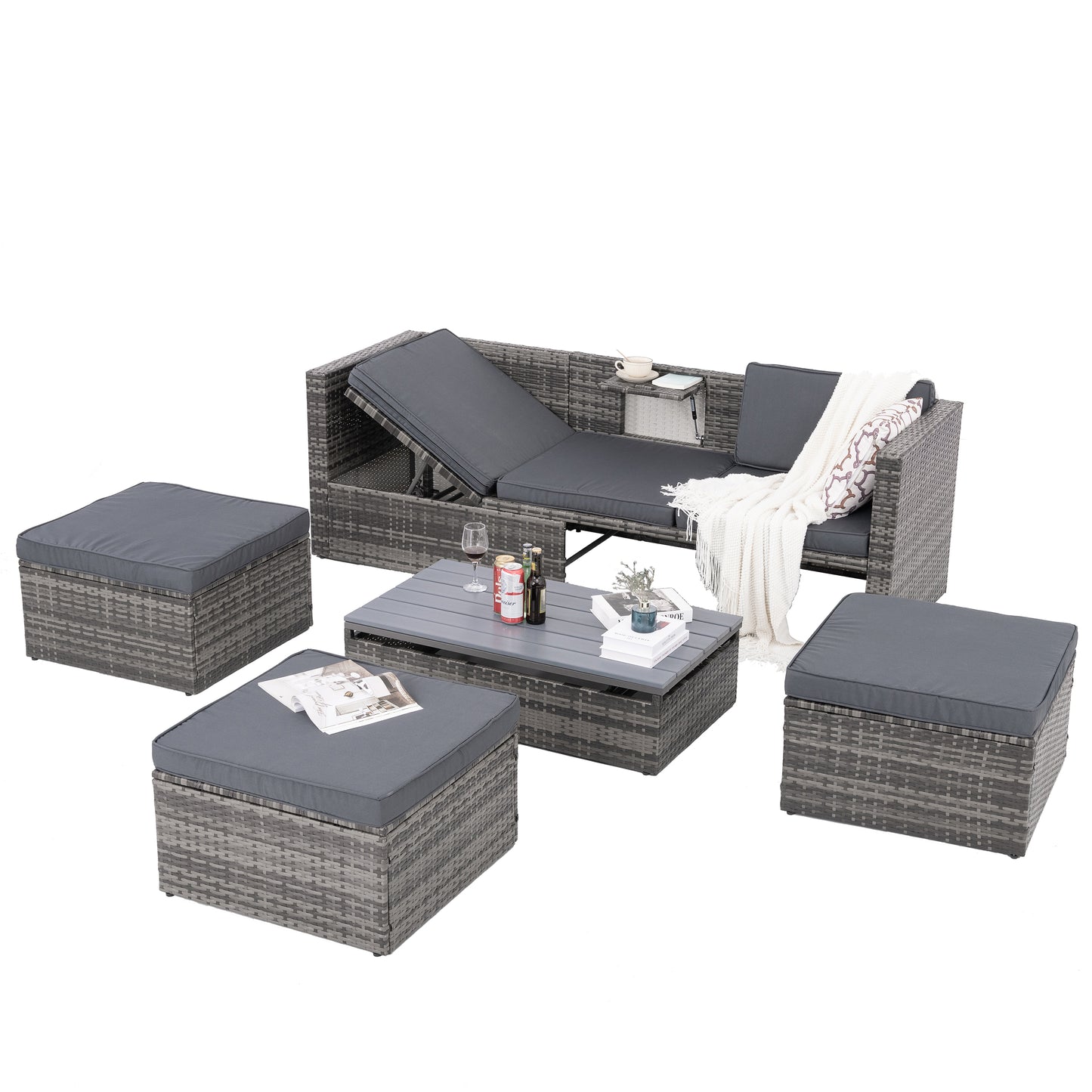 5-Piece Outdoor Patio Furniture Set with Lift-Top Coffee Table & Ottomans – PE Wicker Conversation Set, Dark Gray