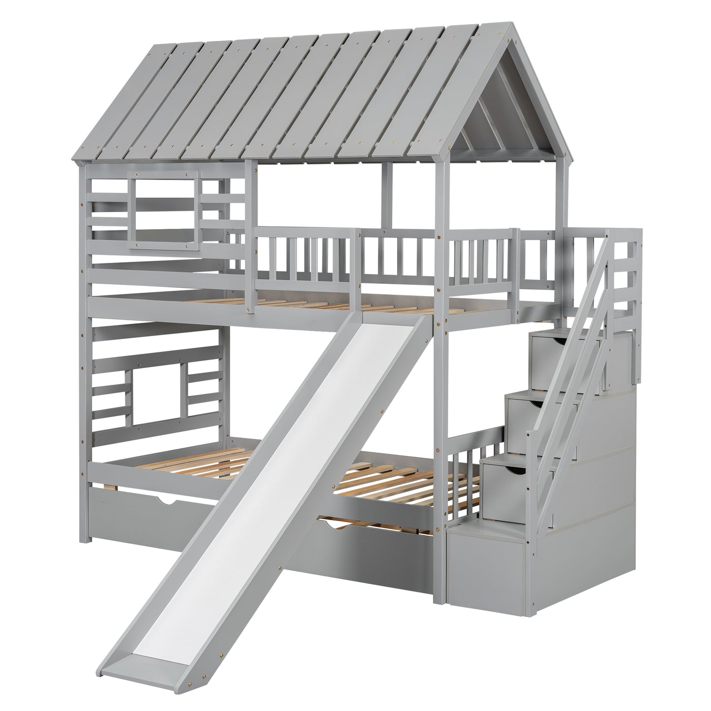 Twin Over Twin House Bunk Bed with Slide, Trundle & Storage Stairs – Gray Wood Kids Playhouse Bed with Roof & Windo