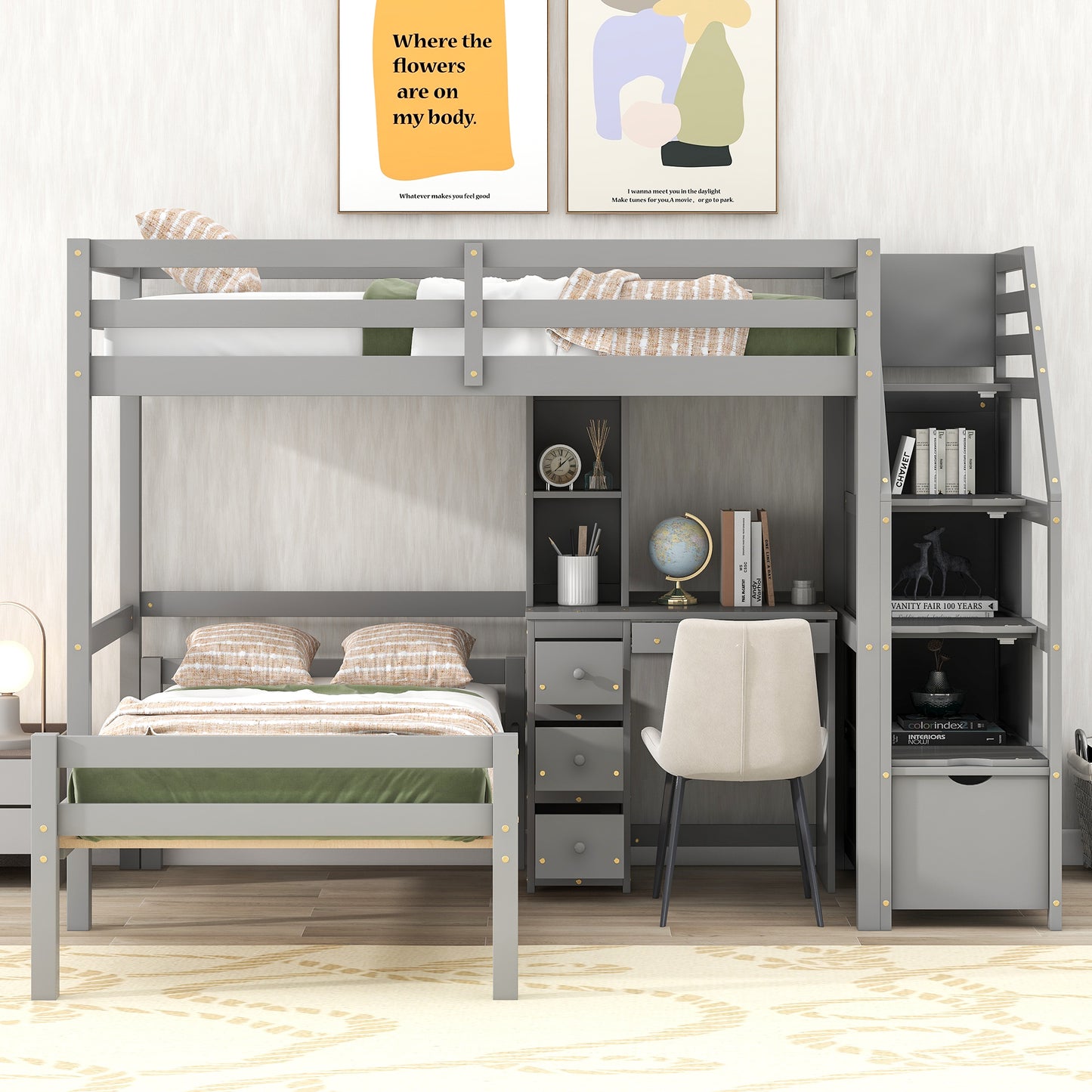 Twin Loft Bed with Desk, Storage Staircase, Drawers & Stand-Alone Twin Bed – Gray Space Saving Bedroom Furniture