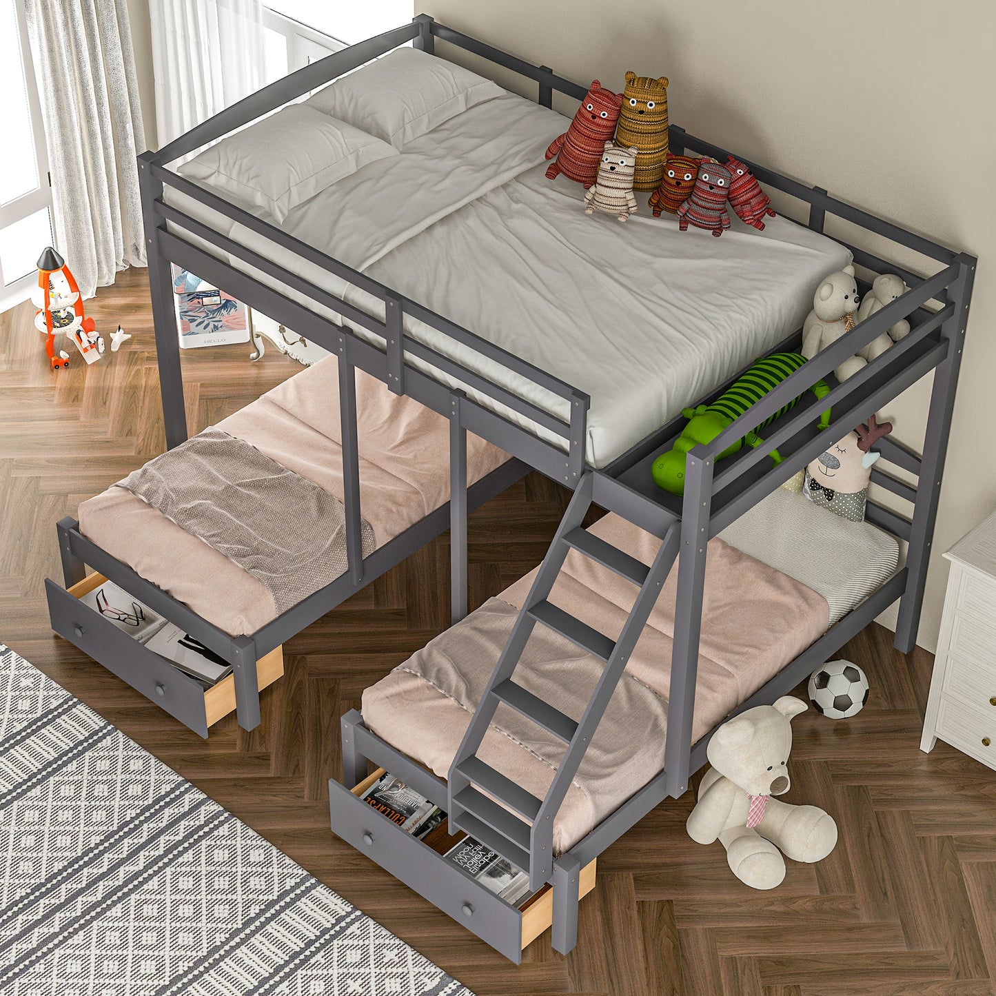 Full Over Twin Triple Bunk Bed with Storage Drawers – Gray Wood 3 Bed Bunk Bed for Kids, Teens & Families