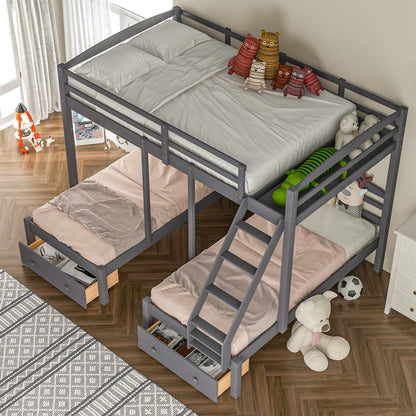 Full Over Twin Triple Bunk Bed with Storage Drawers – Gray Wood 3 Bed Bunk Bed for Kids, Teens & Families