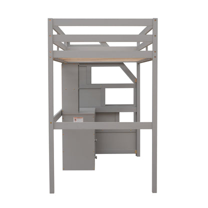 Twin Loft Bed with Desk, Storage Staircase, Drawers & Stand-Alone Twin Bed – Gray Space Saving Bedroom Furniture
