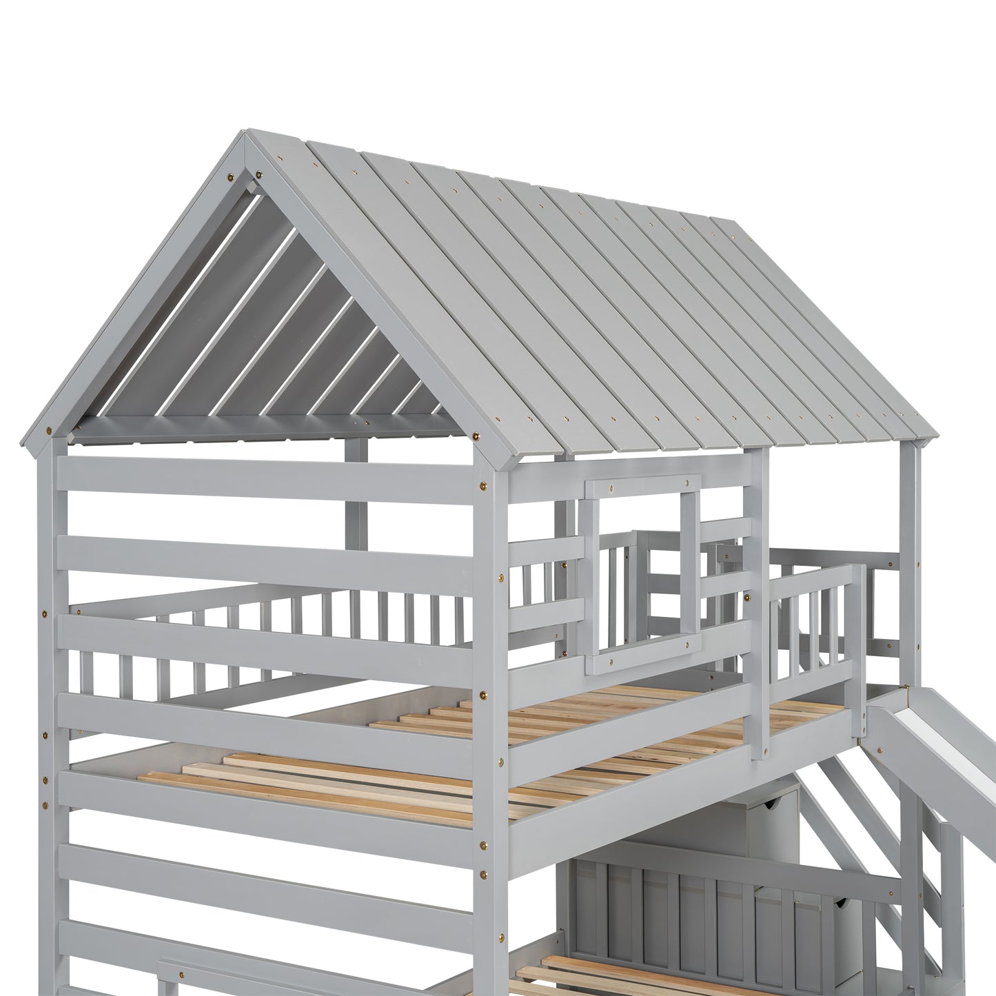 Twin Over Twin House Bunk Bed with Slide, Trundle & Storage Stairs – Gray Wood Kids Playhouse Bed with Roof & Windo