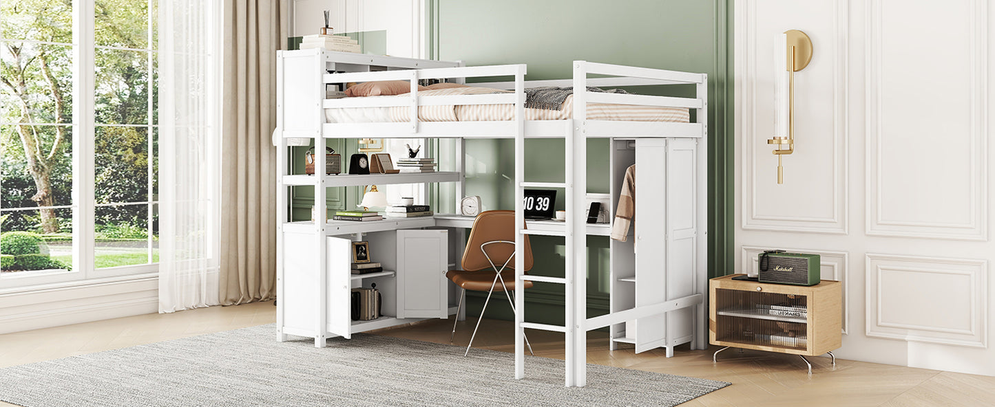 Full Size Loft Bed with Desk, Wardrobe, Cabinet & Bookshelf – White Wood Storage Loft Bed for Kids & Teens