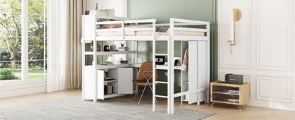 Full Size Loft Bed with Desk, Wardrobe, Cabinet & Bookshelf – White Wood Storage Loft Bed for Kids & Teens
