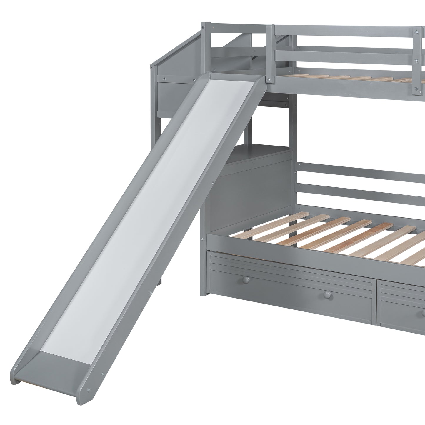 Twin Over Twin Bunk Bed with Desk, Storage Stairs, Slide & Drawers – Gray Wood Kids Loft Bed with Shelve