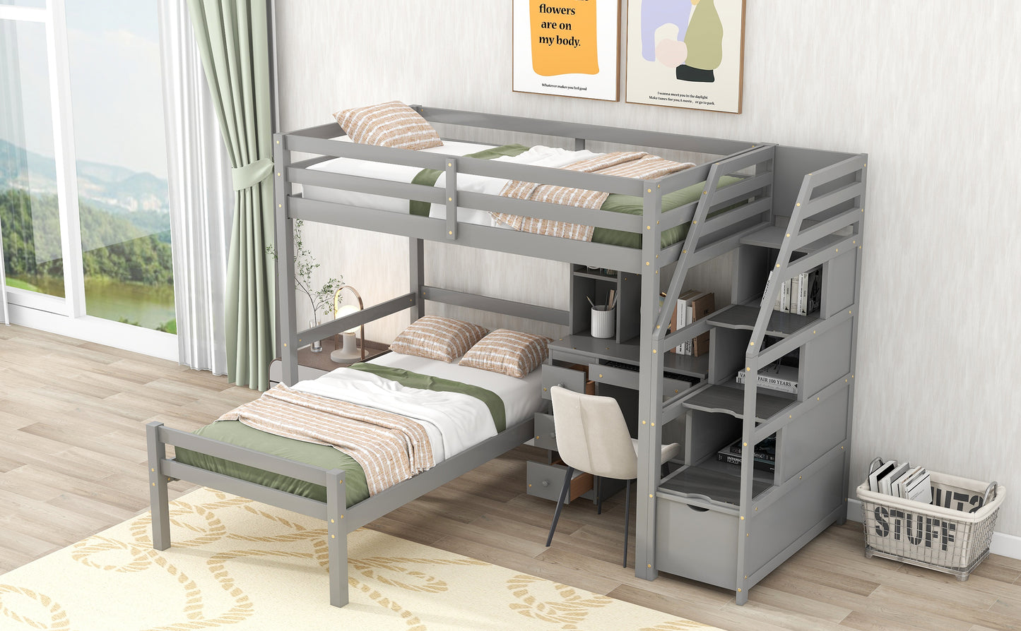 Twin Loft Bed with Desk, Storage Staircase, Drawers & Stand-Alone Twin Bed – Gray Space Saving Bedroom Furniture
