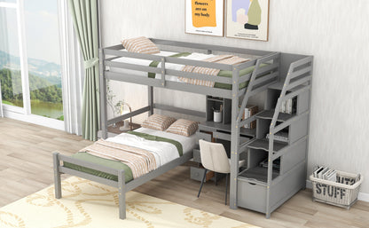 Twin Loft Bed with Desk, Storage Staircase, Drawers & Stand-Alone Twin Bed – Gray Space Saving Bedroom Furniture