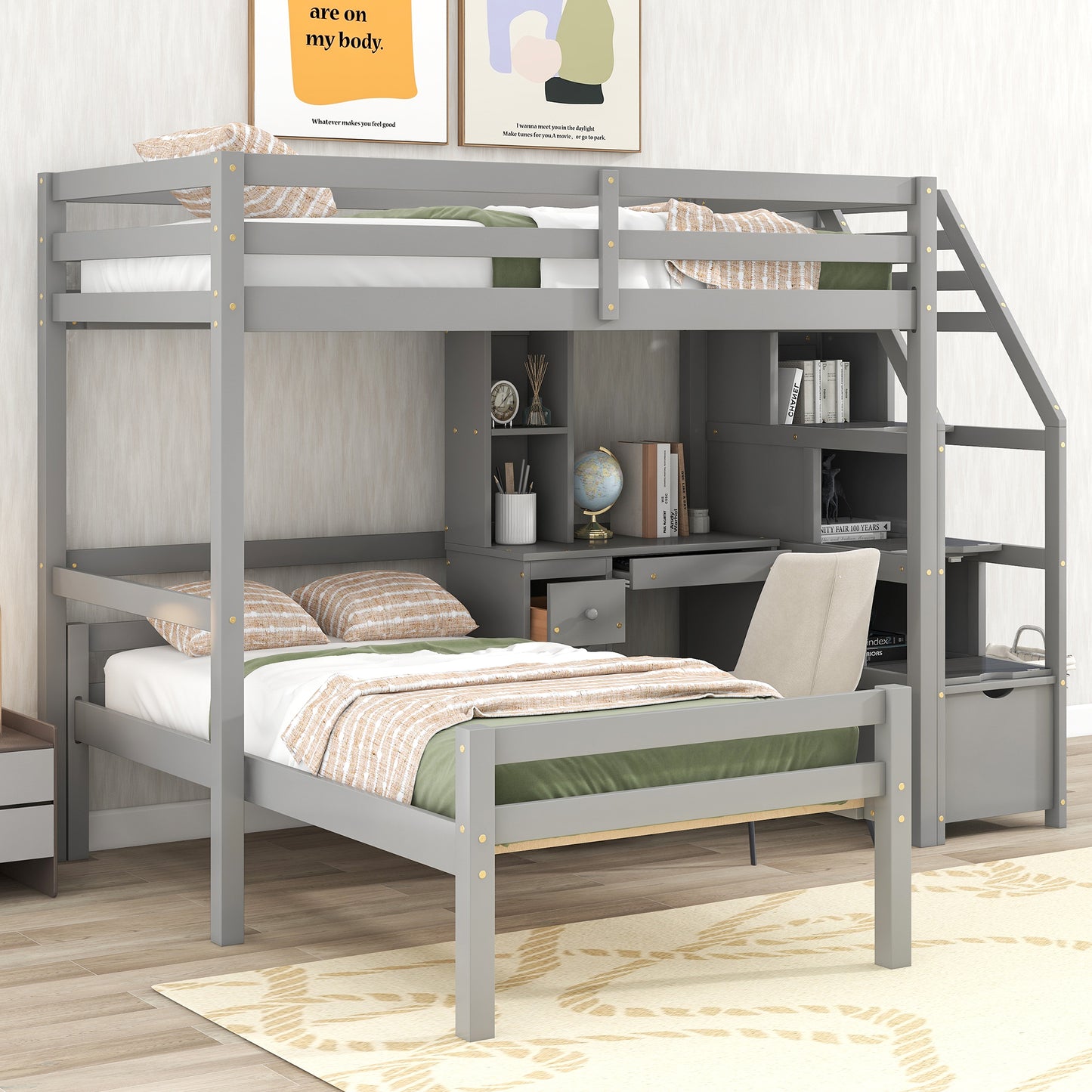 Twin Loft Bed with Desk, Storage Staircase, Drawers & Stand-Alone Twin Bed – Gray Space Saving Bedroom Furniture