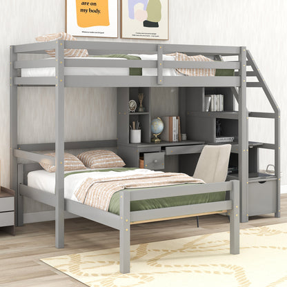 Twin Loft Bed with Desk, Storage Staircase, Drawers & Stand-Alone Twin Bed – Gray Space Saving Bedroom Furniture