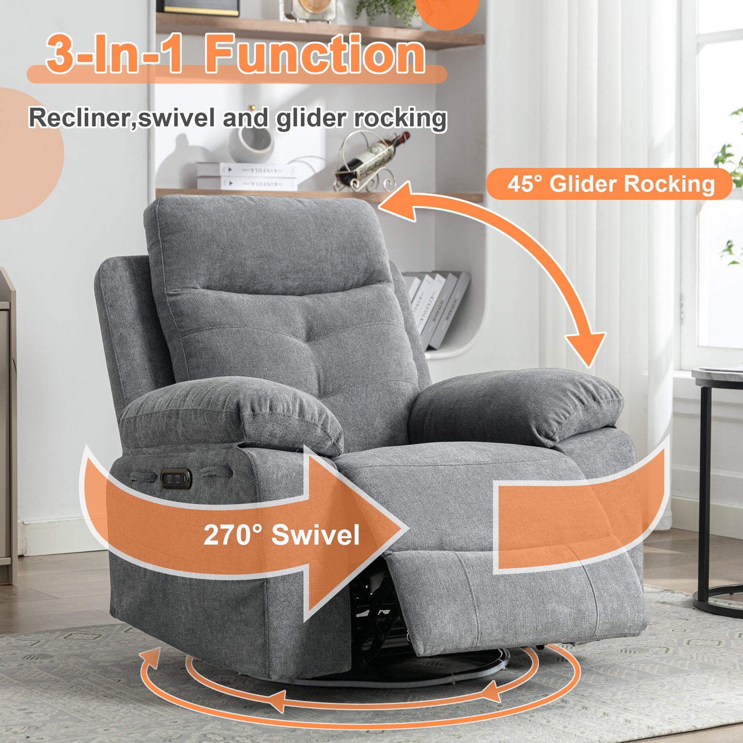Power Swivel Recliner Chair with Bluetooth Speaker, LED Lights, USB-C Charging & 270° Glider Recliner – Light Grey