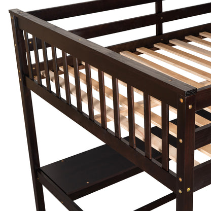 Full Size Loft Bed with Desk & Storage Shelves – Espresso Wood Loft Bed with Built-In Workstation