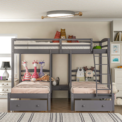Full Over Twin Triple Bunk Bed with Storage Drawers – Gray Wood 3 Bed Bunk Bed for Kids, Teens & Families