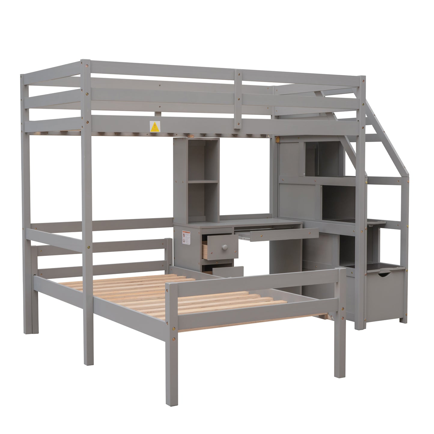 Twin Loft Bed with Desk, Storage Staircase, Drawers & Stand-Alone Twin Bed – Gray Space Saving Bedroom Furniture