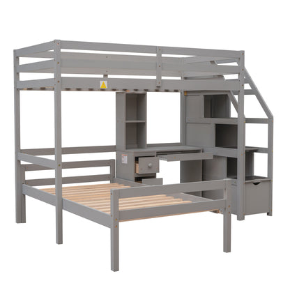 Twin Loft Bed with Desk, Storage Staircase, Drawers & Stand-Alone Twin Bed – Gray Space Saving Bedroom Furniture