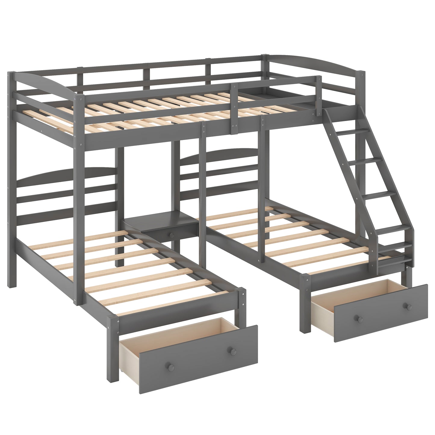 Full Over Twin Triple Bunk Bed with Storage Drawers – Gray Wood 3 Bed Bunk Bed for Kids, Teens & Families