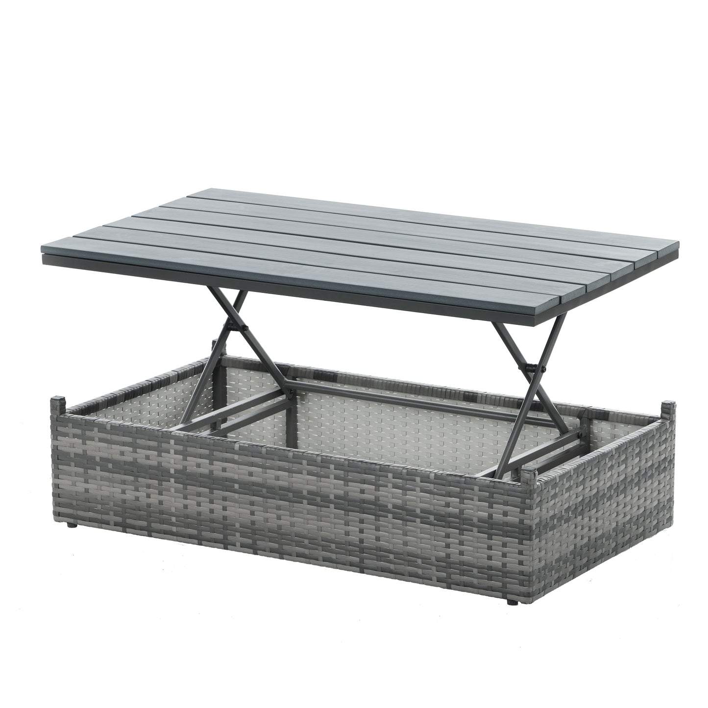 5-Piece Outdoor Patio Furniture Set with Lift-Top Coffee Table & Ottomans – PE Wicker Conversation Set, Dark Gray