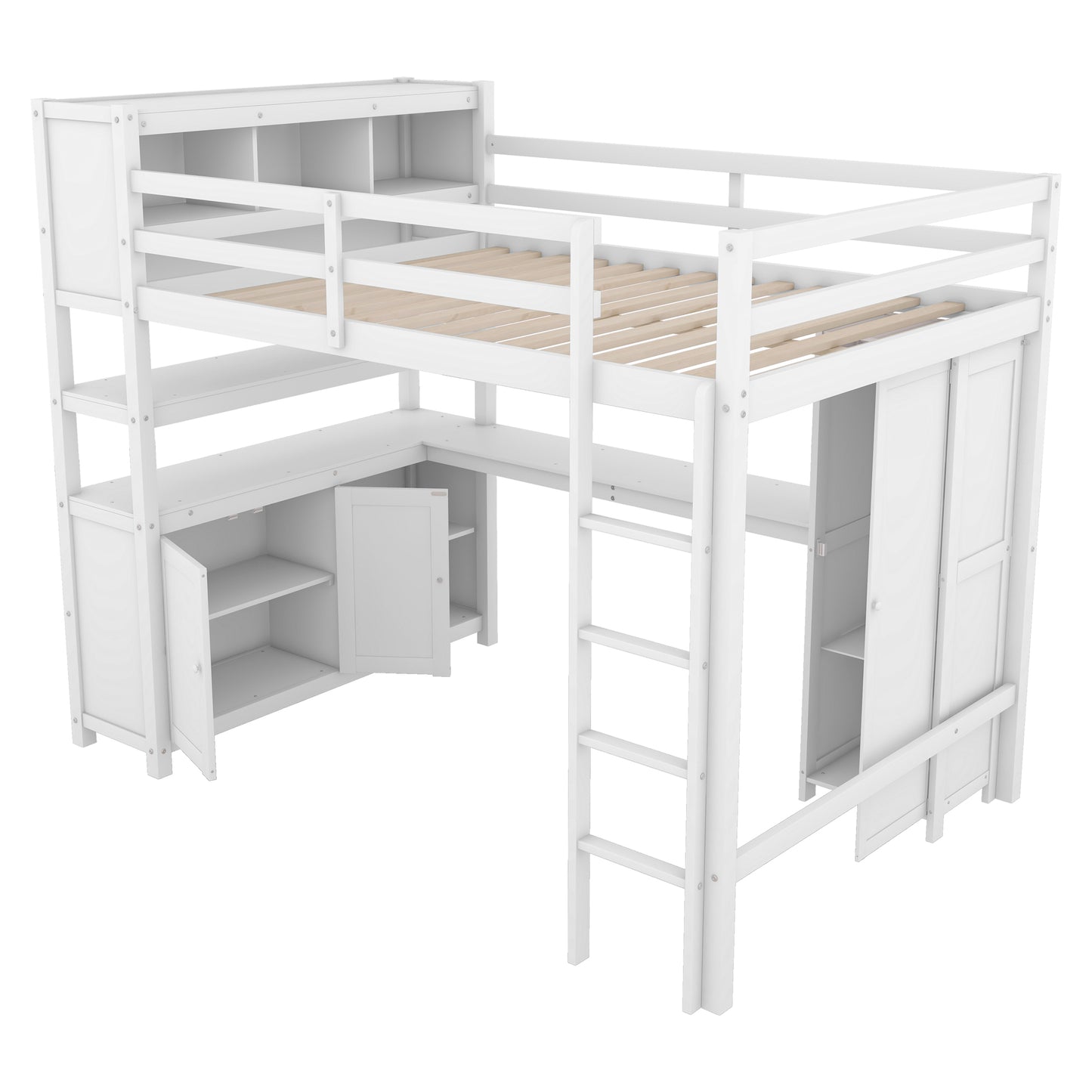Full Size Loft Bed with Desk, Wardrobe, Cabinet & Bookshelf – White Wood Storage Loft Bed for Kids & Teens