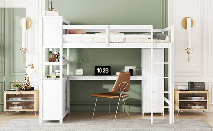 Full Size Loft Bed with Desk, Wardrobe, Cabinet & Bookshelf – White Wood Storage Loft Bed for Kids & Teens