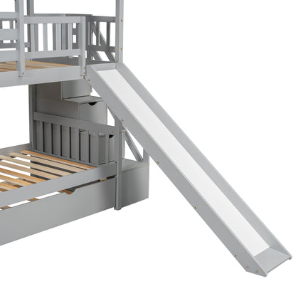 Twin Over Twin House Bunk Bed with Slide, Trundle & Storage Stairs – Gray Wood Kids Playhouse Bed with Roof & Windo