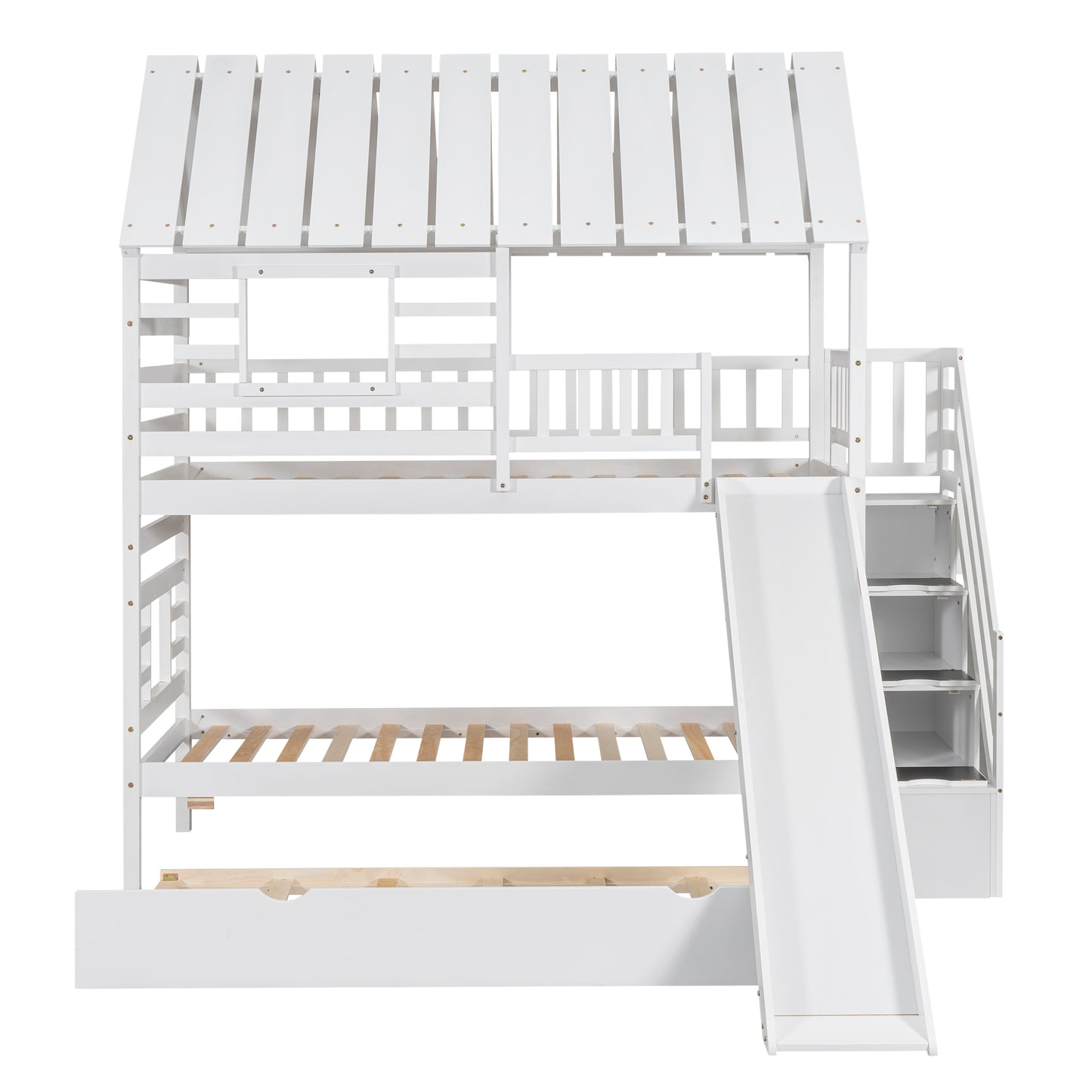 Twin Over Twin House Bunk Bed with Slide, Trundle & Storage Stairs – White Wood Kids Playhouse Bed with Roof & Window