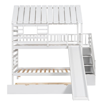 Twin Over Twin House Bunk Bed with Slide, Trundle & Storage Stairs – White Wood Kids Playhouse Bed with Roof & Window