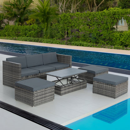 5-Piece Outdoor Patio Furniture Set with Lift-Top Coffee Table & Ottomans – PE Wicker Conversation Set, Dark Gray