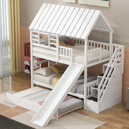 Twin Over Twin House Bunk Bed with Slide, Trundle & Storage Stairs – White Wood Kids Playhouse Bed with Roof & Window