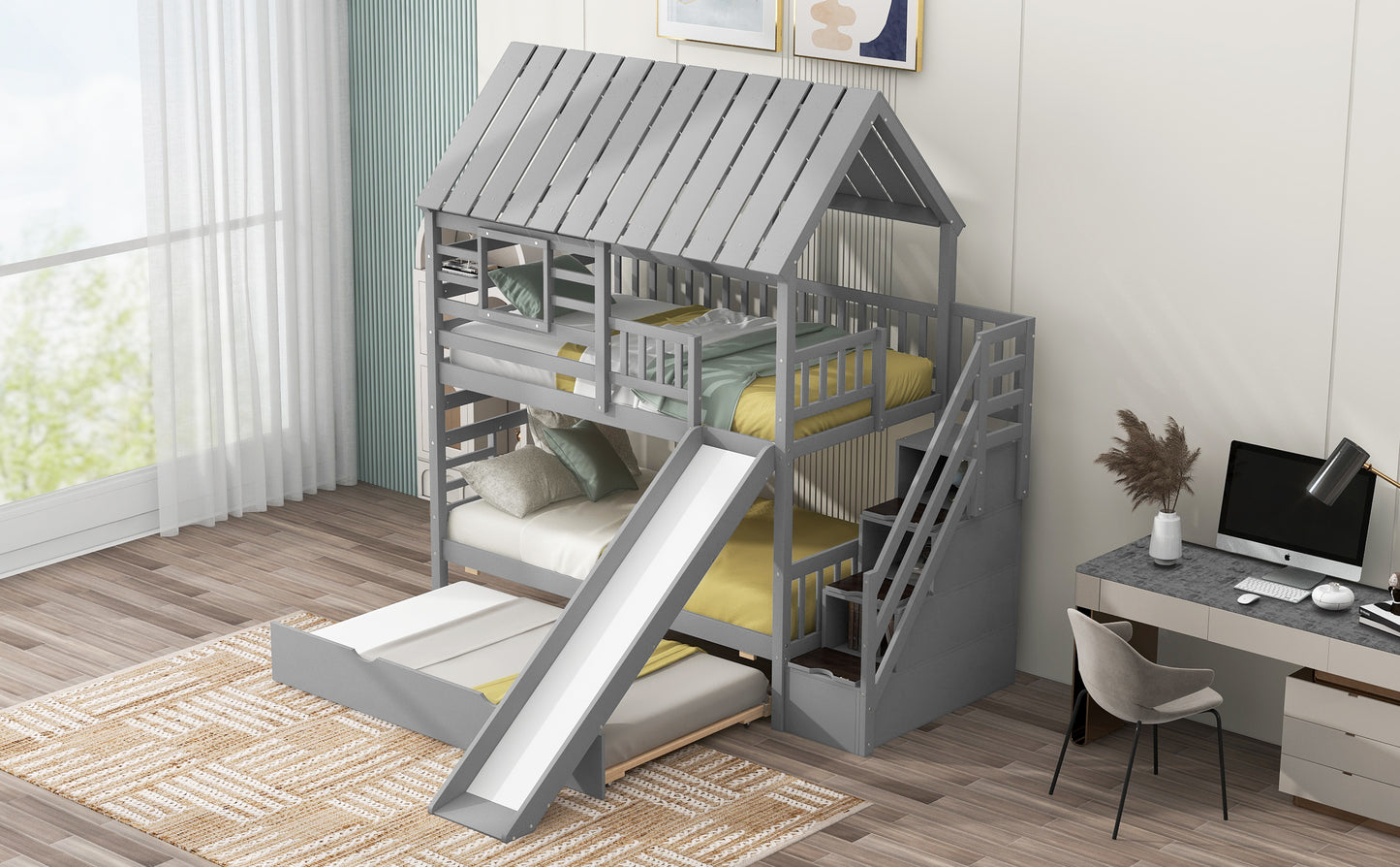 Twin Over Twin House Bunk Bed with Slide, Trundle & Storage Stairs – Gray Wood Kids Playhouse Bed with Roof & Windo