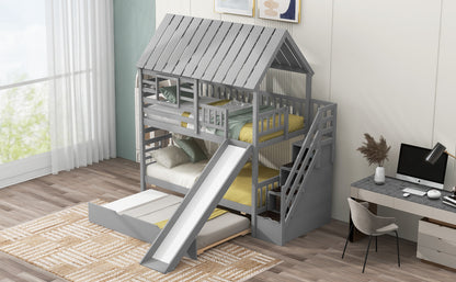Twin Over Twin House Bunk Bed with Slide, Trundle & Storage Stairs – Gray Wood Kids Playhouse Bed with Roof & Windo