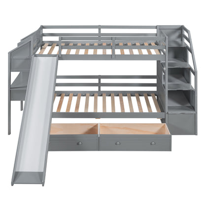 Twin Over Twin Bunk Bed with Desk, Storage Stairs, Slide & Drawers – Gray Wood Kids Loft Bed with Shelve