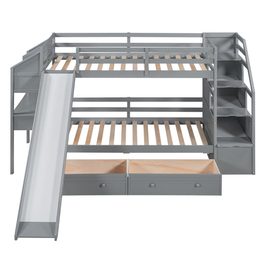 Twin Over Twin Bunk Bed with Desk, Storage Stairs, Slide & Drawers – Gray Wood Kids Loft Bed with Shelve
