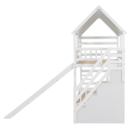 Twin Over Twin House Bunk Bed with Slide, Trundle & Storage Stairs – White Wood Kids Playhouse Bed with Roof & Window