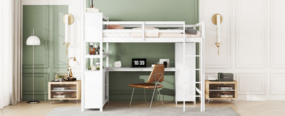 Full Size Loft Bed with Desk, Wardrobe, Cabinet & Bookshelf – White Wood Storage Loft Bed for Kids & Teens