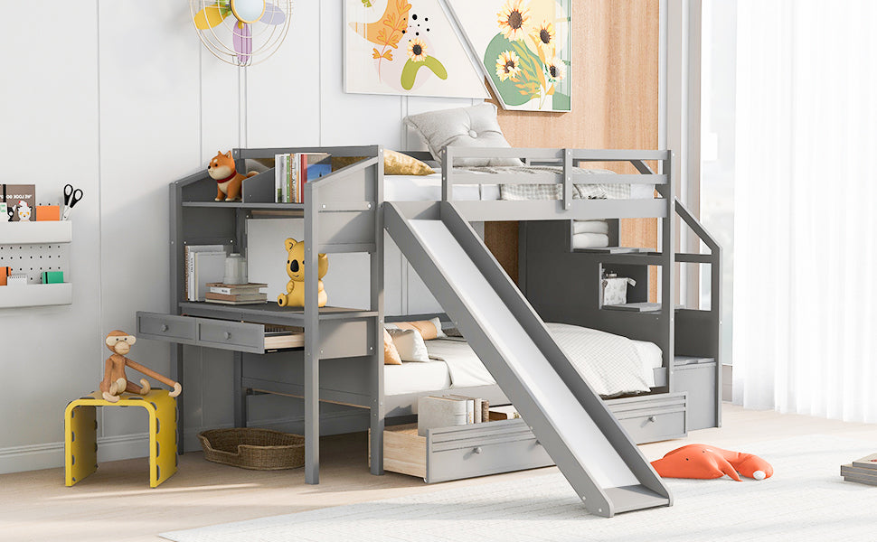 Twin Over Twin Bunk Bed with Desk, Storage Stairs, Slide & Drawers – Gray Wood Kids Loft Bed with Shelve