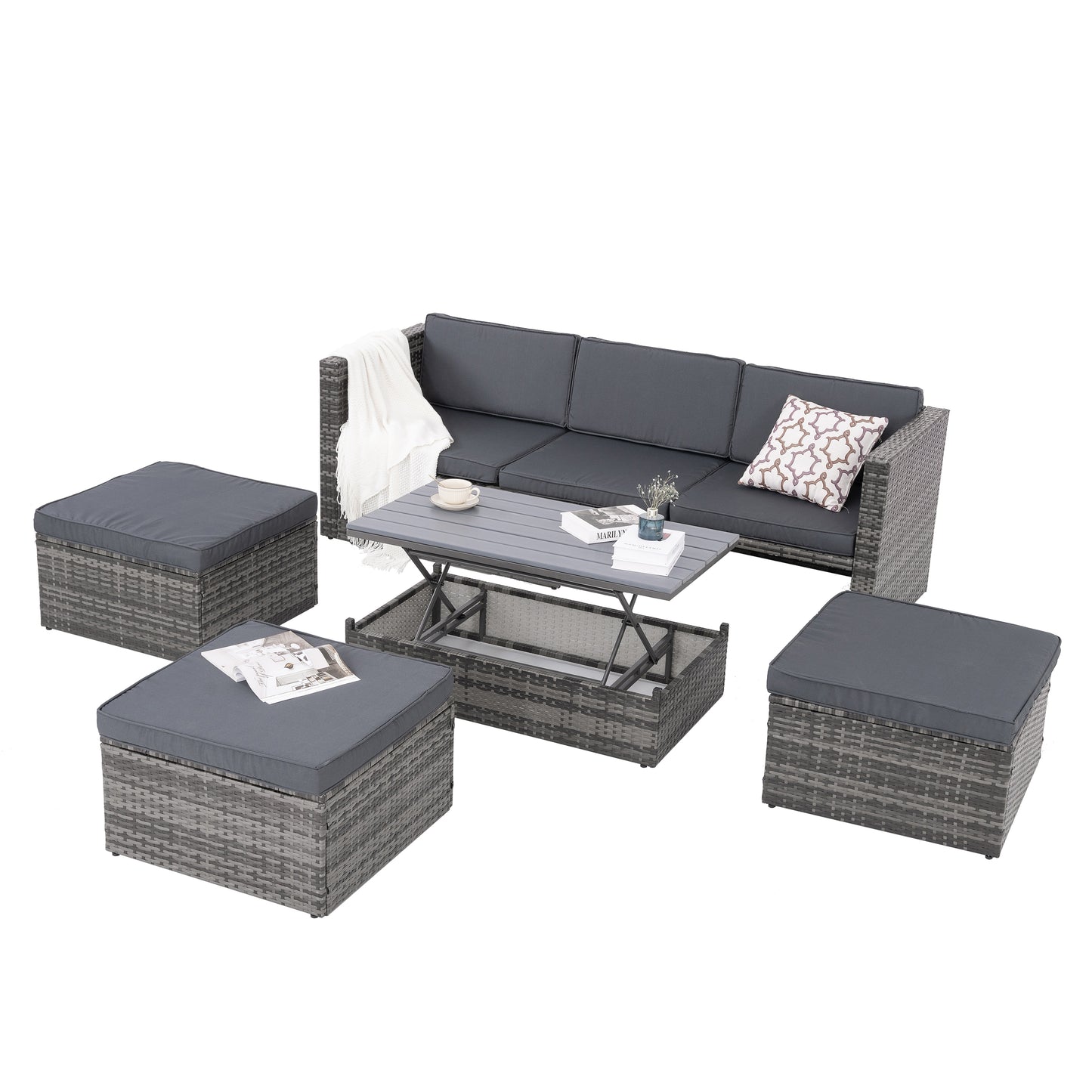 5-Piece Outdoor Patio Furniture Set with Lift-Top Coffee Table & Ottomans – PE Wicker Conversation Set, Dark Gray