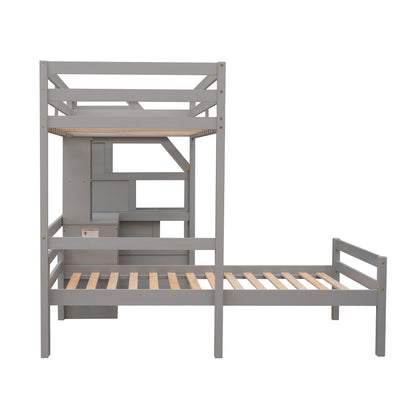 Twin Loft Bed with Desk, Storage Staircase, Drawers & Stand-Alone Twin Bed – Gray Space Saving Bedroom Furniture