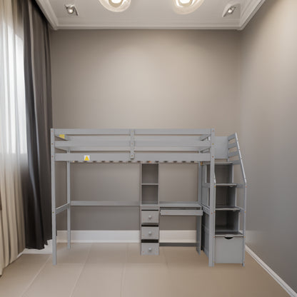 Twin Loft Bed with Desk, Storage Staircase, Drawers & Stand-Alone Twin Bed – Gray Space Saving Bedroom Furniture