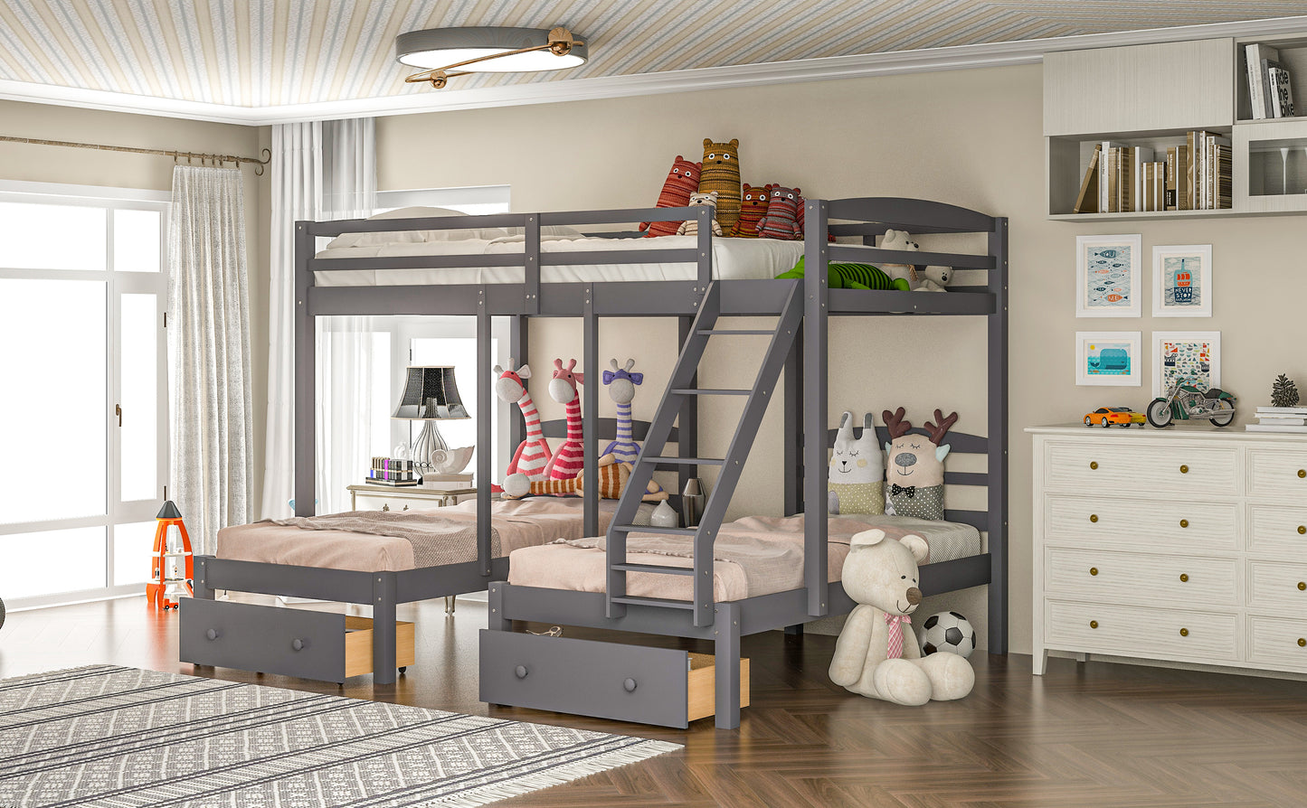 Full Over Twin Triple Bunk Bed with Storage Drawers – Gray Wood 3 Bed Bunk Bed for Kids, Teens & Families