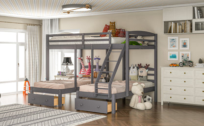 Full Over Twin Triple Bunk Bed with Storage Drawers – Gray Wood 3 Bed Bunk Bed for Kids, Teens & Families