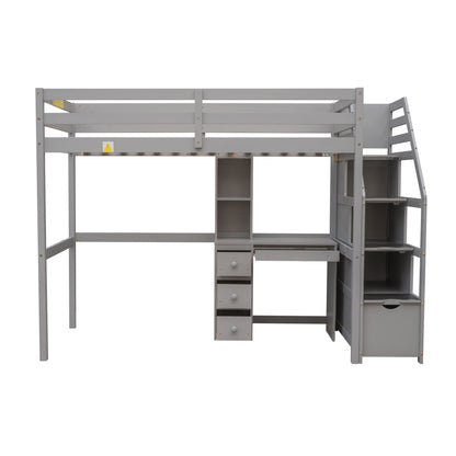 Twin Loft Bed with Desk, Storage Staircase, Drawers & Stand-Alone Twin Bed – Gray Space Saving Bedroom Furniture