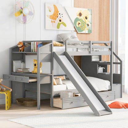 Twin Over Twin Bunk Bed with Desk, Storage Stairs, Slide & Drawers – Gray Wood Kids Loft Bed with Shelve