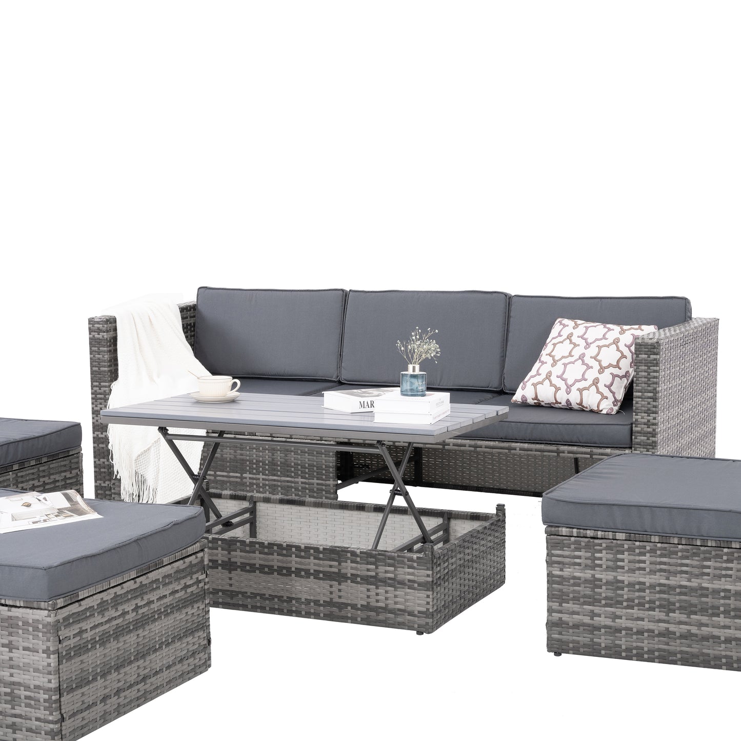 5-Piece Outdoor Patio Furniture Set with Lift-Top Coffee Table & Ottomans – PE Wicker Conversation Set, Dark Gray