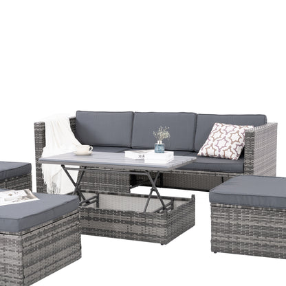 5-Piece Outdoor Patio Furniture Set with Lift-Top Coffee Table & Ottomans – PE Wicker Conversation Set, Dark Gray