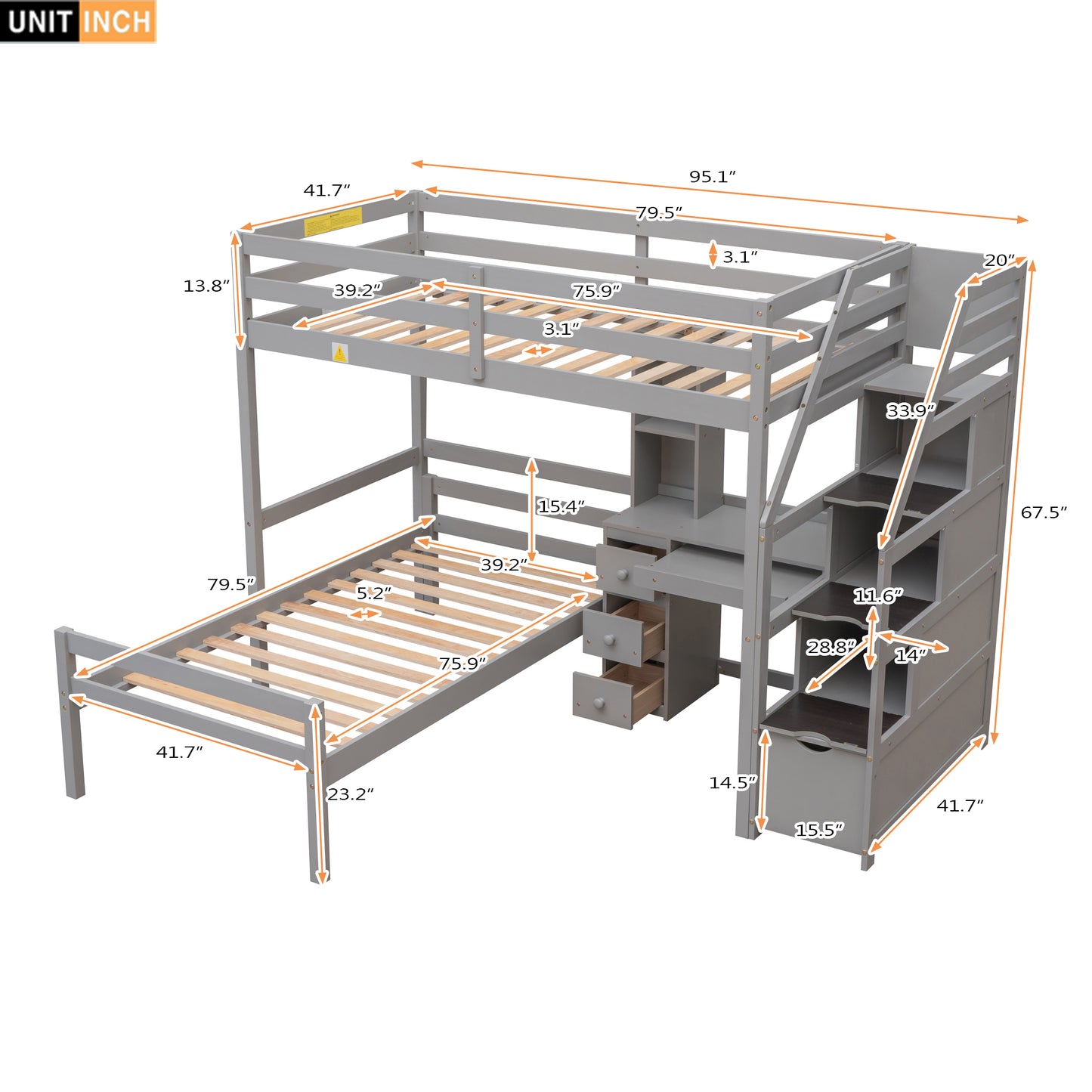 Twin Loft Bed with Desk, Storage Staircase, Drawers & Stand-Alone Twin Bed – Gray Space Saving Bedroom Furniture