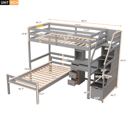Twin Loft Bed with Desk, Storage Staircase, Drawers & Stand-Alone Twin Bed – Gray Space Saving Bedroom Furniture