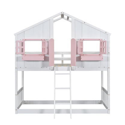 Twin over Twin House Bunk Bed with Roof , Window, Window Box, Door , with Safety Guardrails and Ladder, Pink/White
