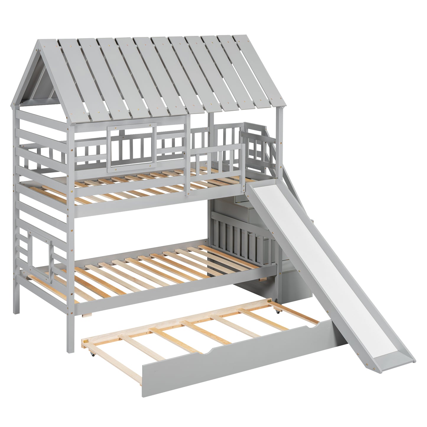 Twin Over Twin House Bunk Bed with Slide, Trundle & Storage Stairs – Gray Wood Kids Playhouse Bed with Roof & Windo