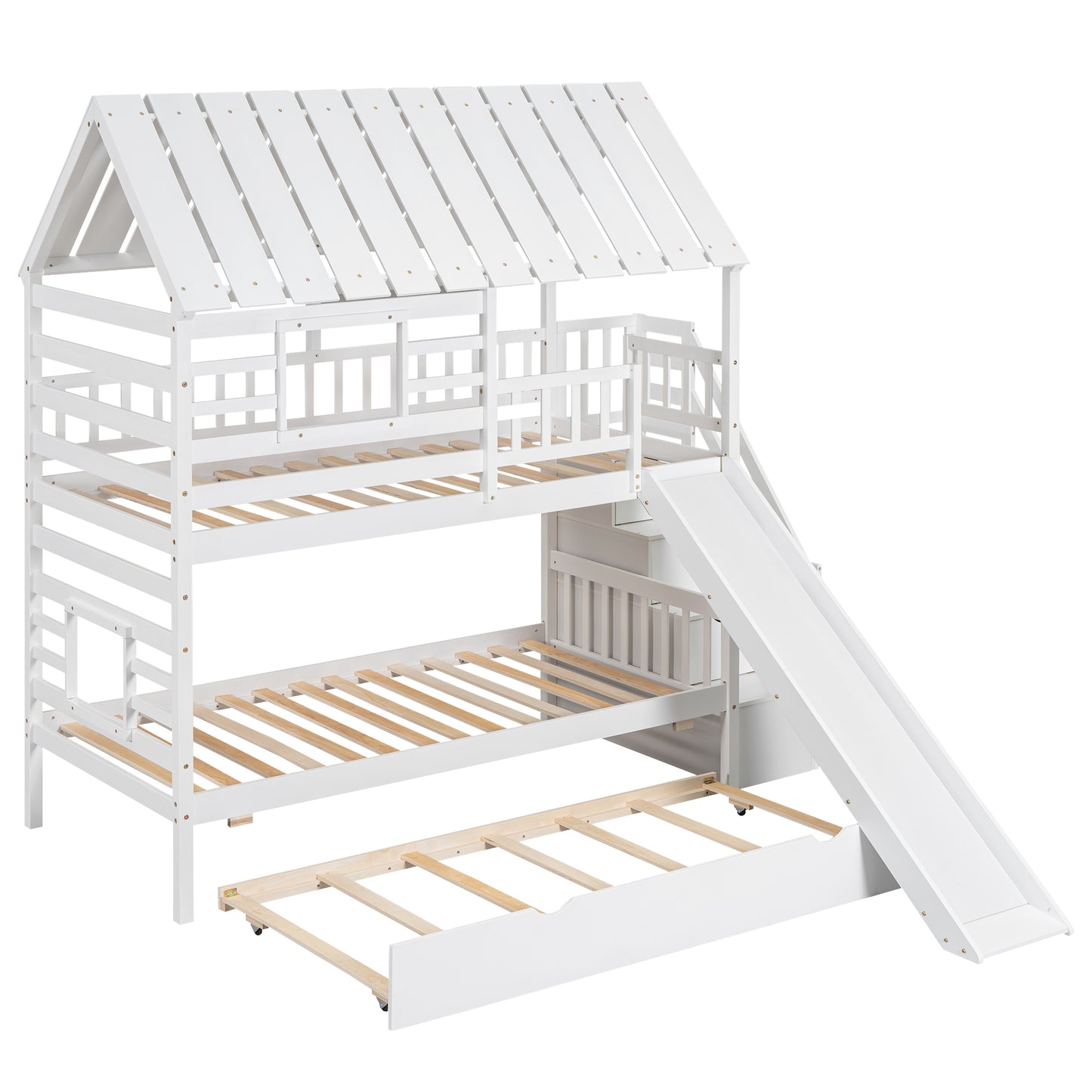 Twin Over Twin House Bunk Bed with Slide, Trundle & Storage Stairs – White Wood Kids Playhouse Bed with Roof & Window
